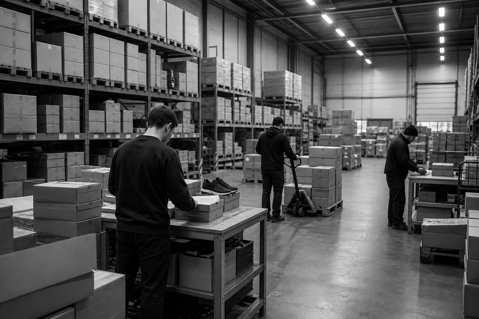 Illustrative view of footwear order fulfilment in a warehouse